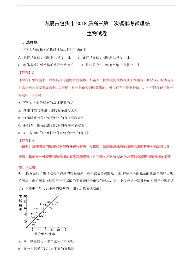 2018年内蒙古包头市高三第一次模拟考试理综生物试题（解析版）.doc_第1页