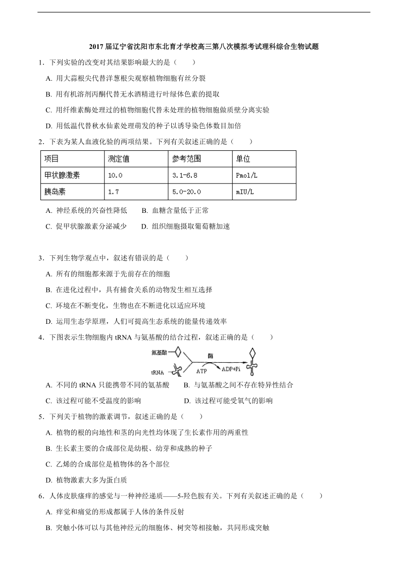 2017年辽宁省沈阳市东北育才学校高三第八次模拟考试理科综合生物试题.doc_第1页