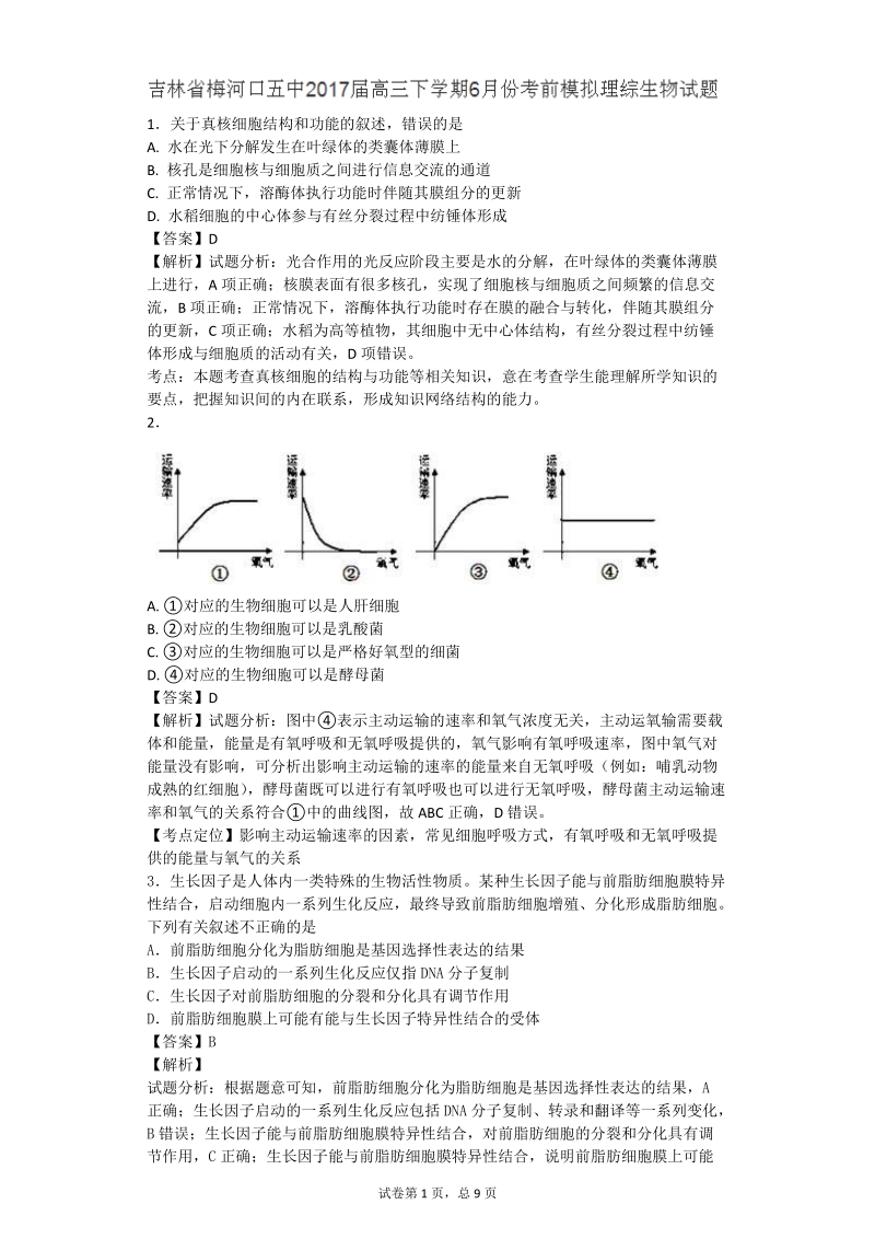 2017年吉林省梅河口五中高三下学期6月份考前模拟理科综合生物试题（带解析）.doc_第1页