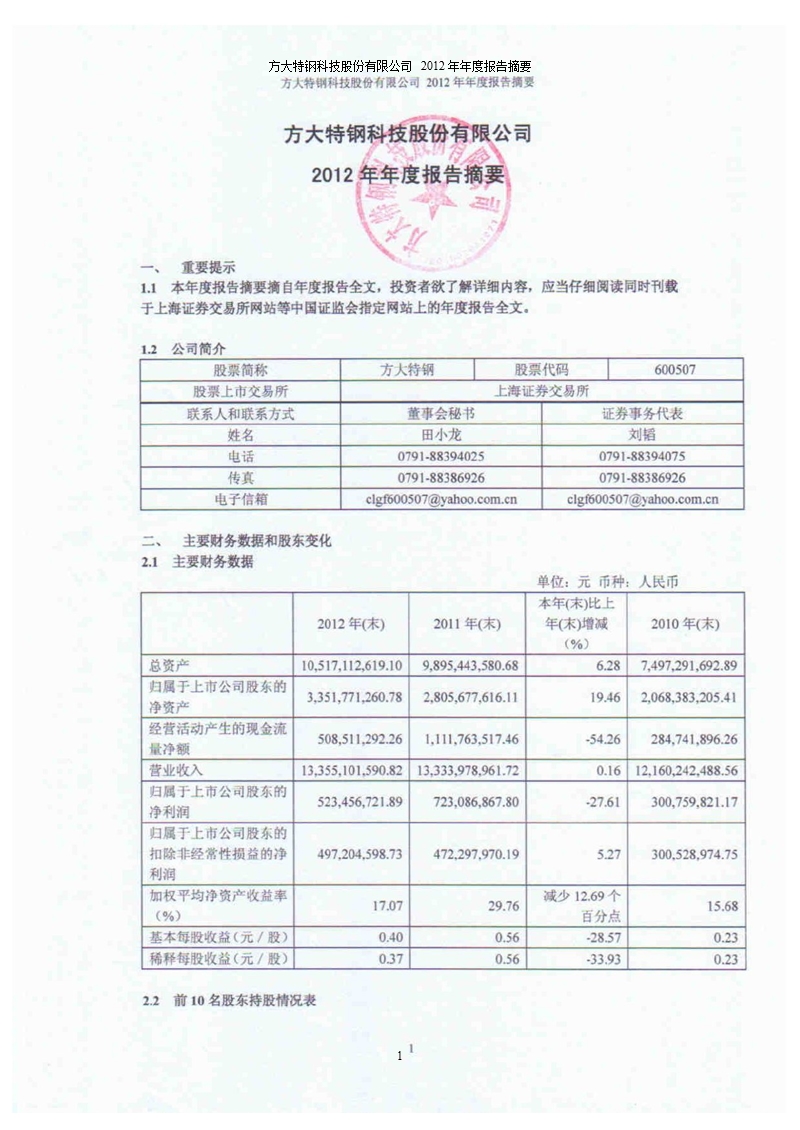 600507 _ 方大特钢年报摘要.ppt_第1页