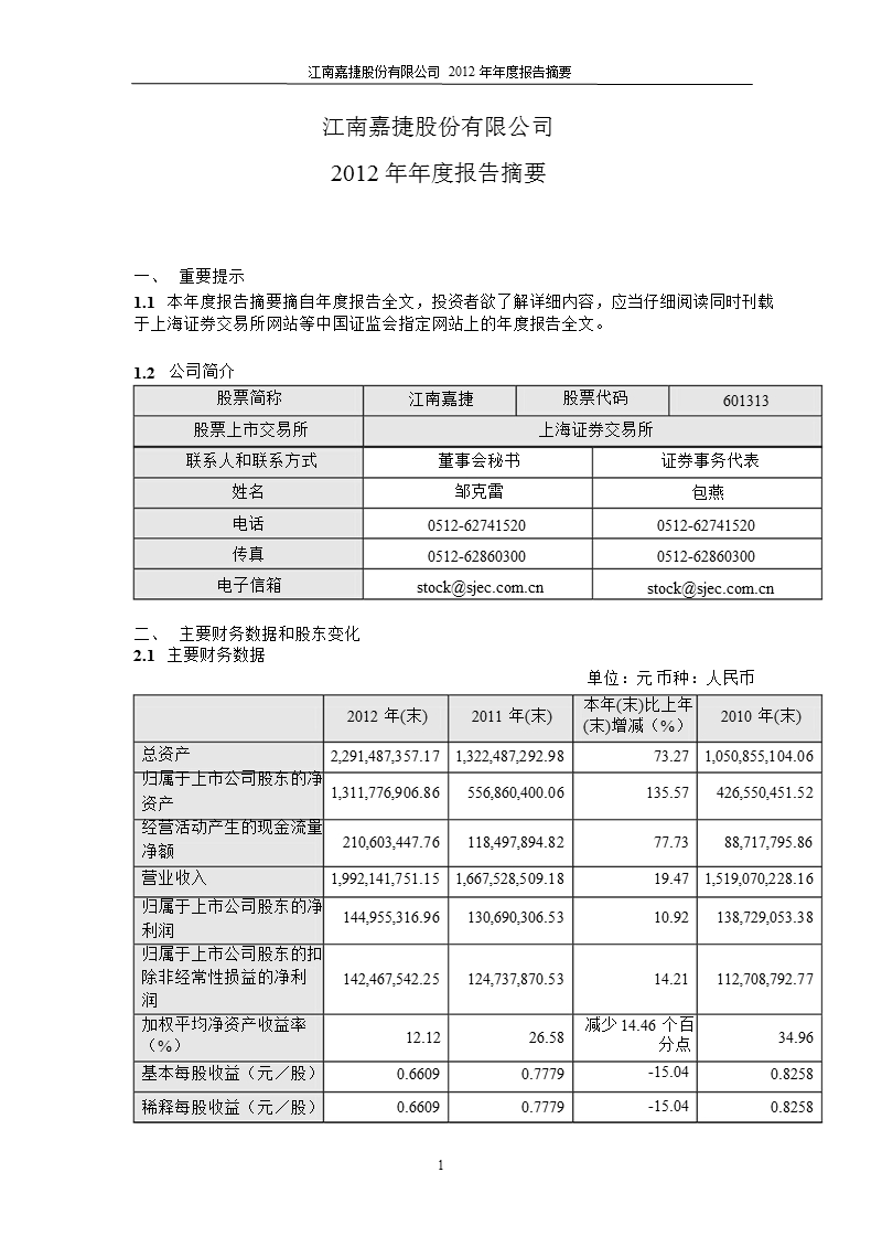 601313 _ 江南嘉捷年报摘要.ppt_第1页