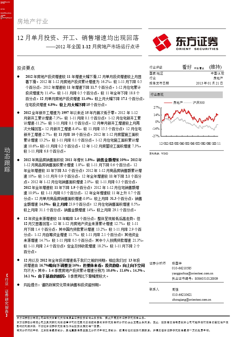 2012年全国1-12月房地产市场运行点评：12月单月投资、开工、销售增速均出现回落-2013-01-21.ppt_第1页