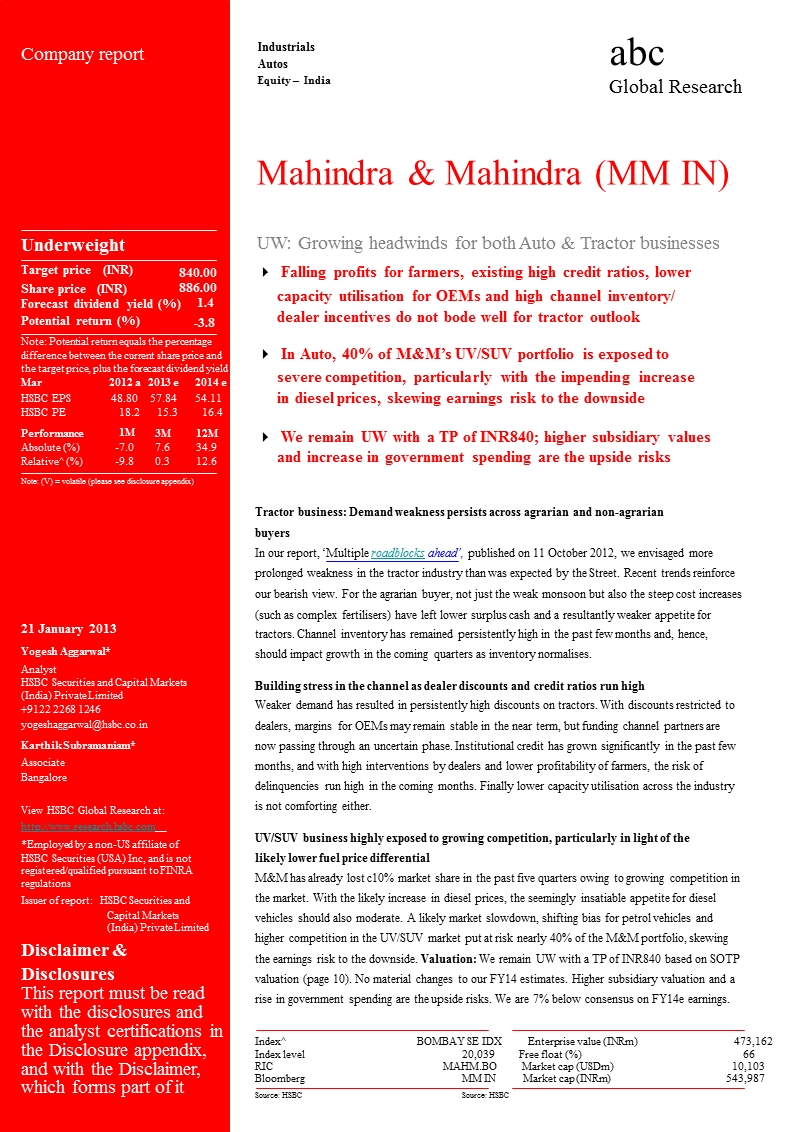 mahindra_&_mahindra(mm.in)：uw：growing_headwinds_for_both_auto_&_tractor_businesses-2013-01-22.ppt_第1页