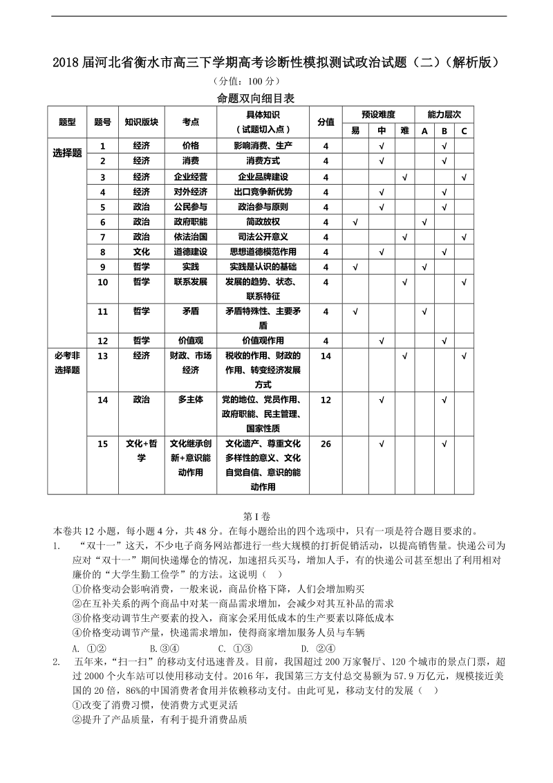 2018年河北省衡水市高三下学期高考诊断性模拟测试政 治试题（二）（解析版）.doc_第1页