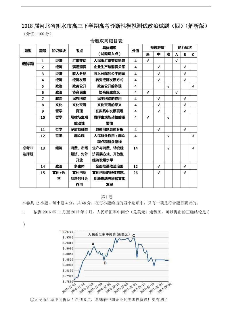 2018年河北省衡水市高三下学期高考诊断性模拟测试政 治试题（四）（解析版）.doc_第1页