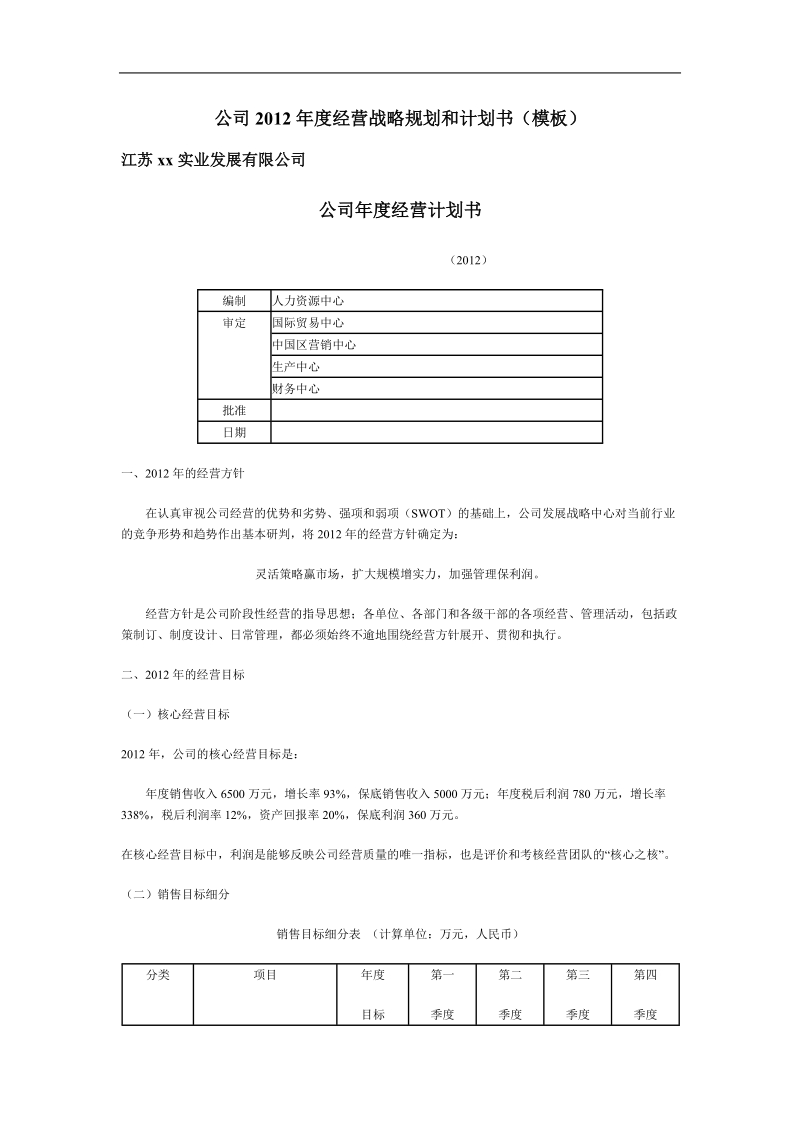 江苏某公司2012年度经营战略规划书 .doc_第1页