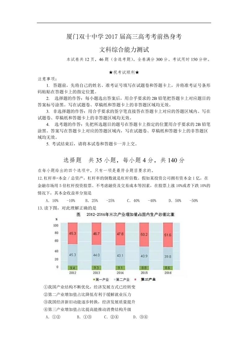 2017年福建省厦门双十中学高三高考考前热身考文综政 治试卷.doc_第1页