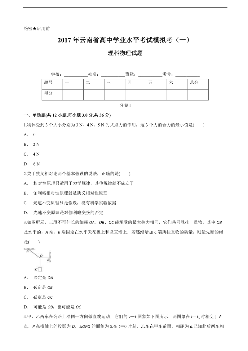 2017届云南省高中学业水平考试模拟考（一）物理试题.doc_第1页