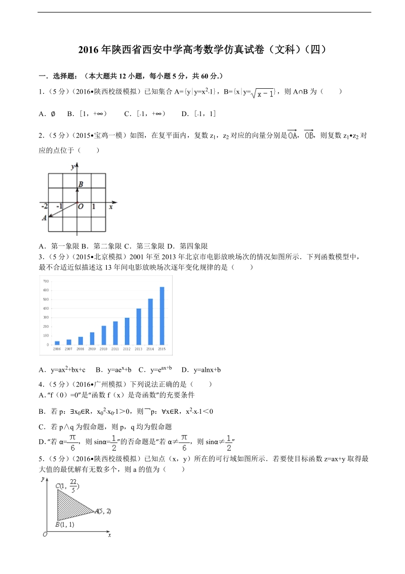 2016届陕西省西安中学高考数学仿真试卷（文科）（四）（解析版）.doc_第1页