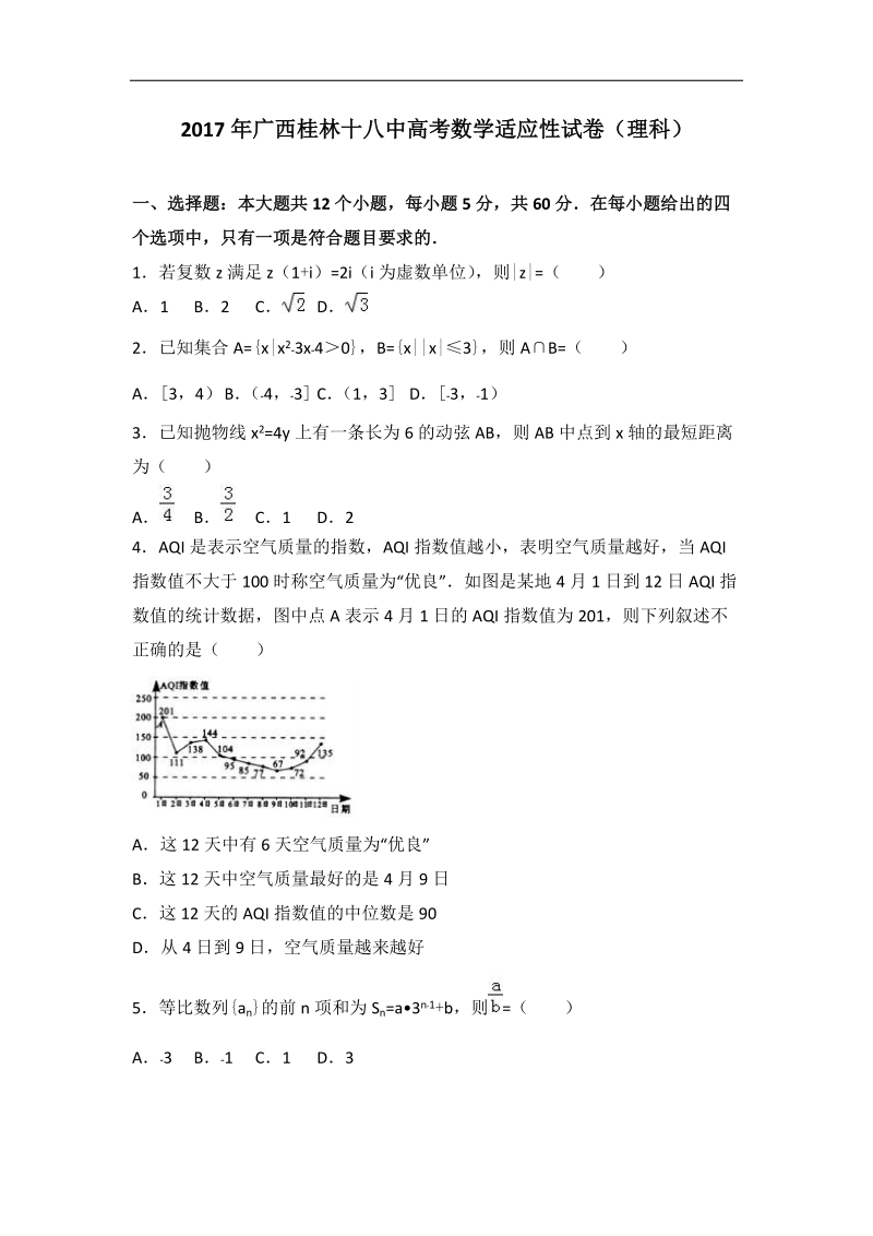 2017届广西桂林十八中高考数学适应性试卷（理科）（解析版）.doc_第1页