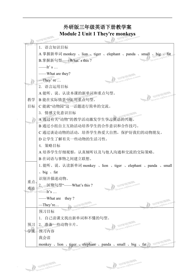 （外研版）三年级英语下册教学案 module 2 unit 1(1).doc_第1页