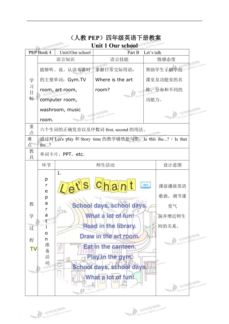 （人教pep）四年级英语下册教案 unit 1(27) part b talk.doc_第1页