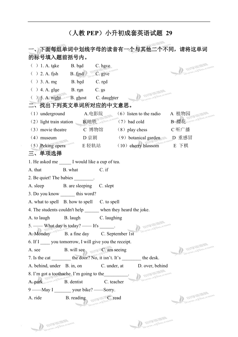 （人教pep）小升初成套英语试题 29.doc_第1页