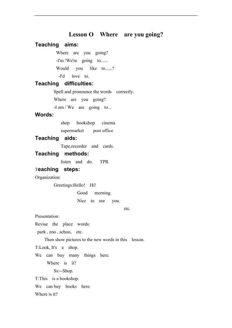 （新路径一起）四年级英语下册教案 lesson o where are you going？.doc_第1页