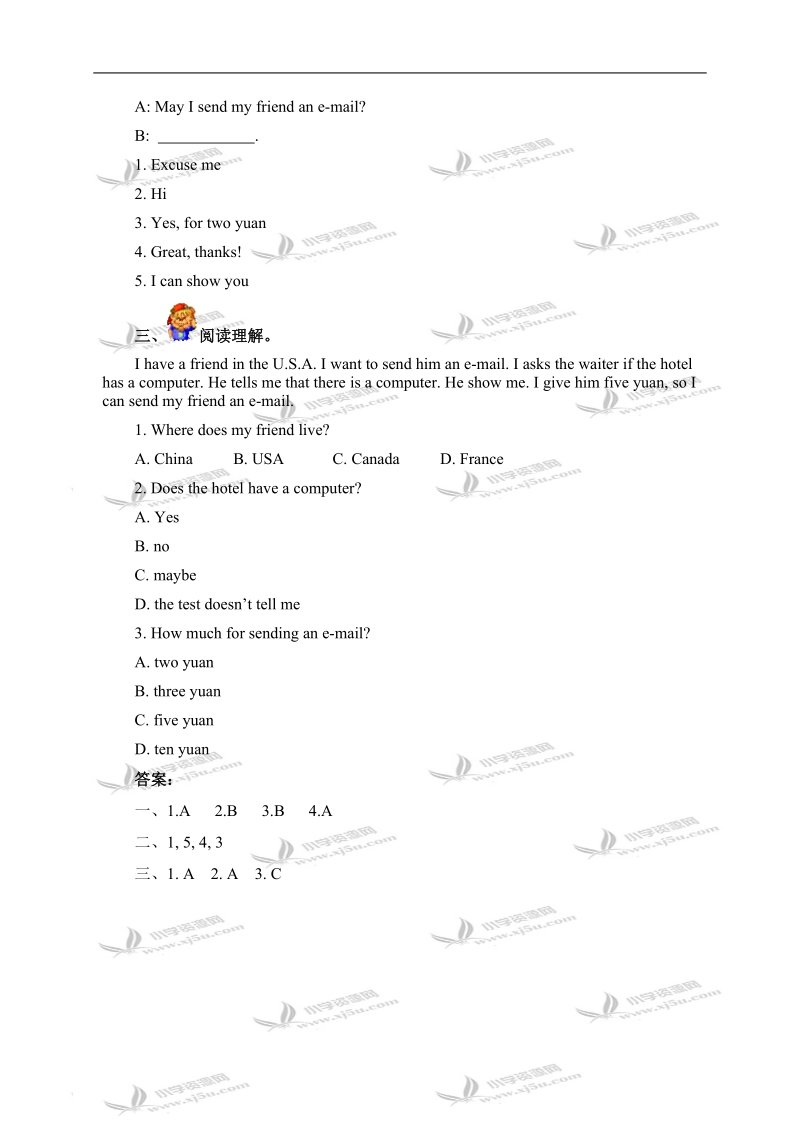 冀教版（一起）五年级英语上册练习题 unit 3 lesson 22(1).doc_第2页