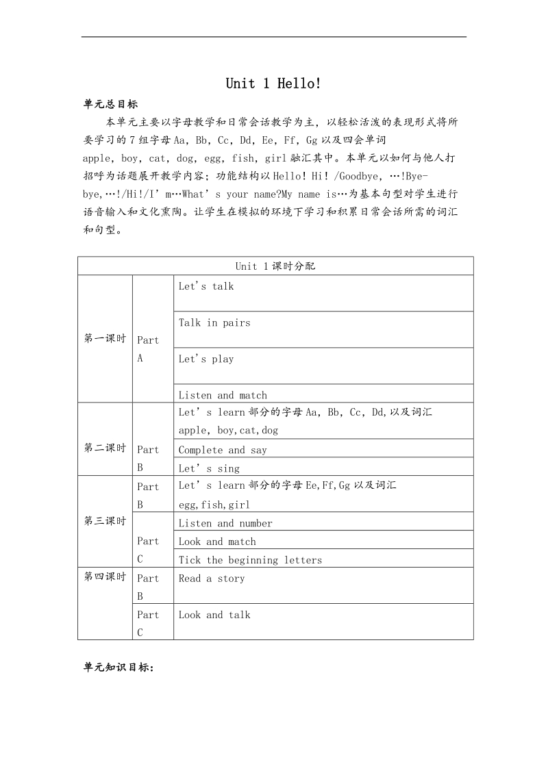 （陕旅版）三年级英语上册教案 unit1 hello 第四课时.doc_第1页