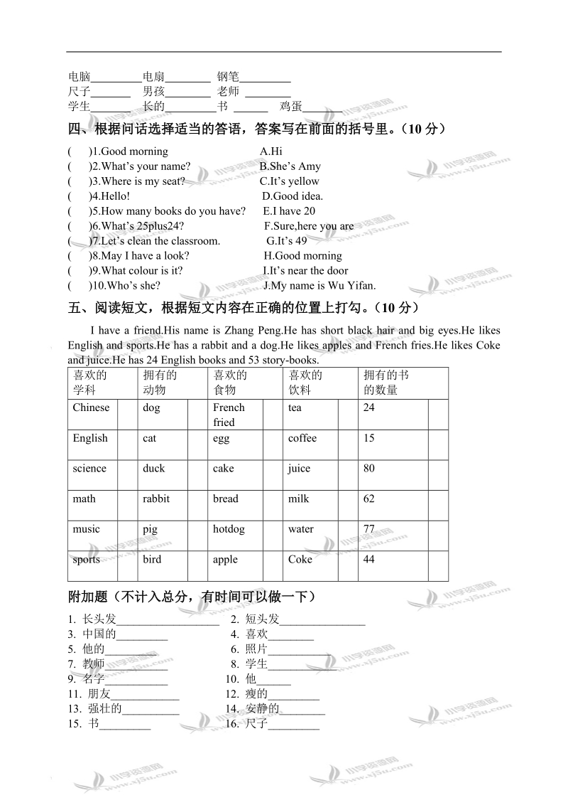 （人教pep）英语四年级上册期中测试 3.doc_第3页