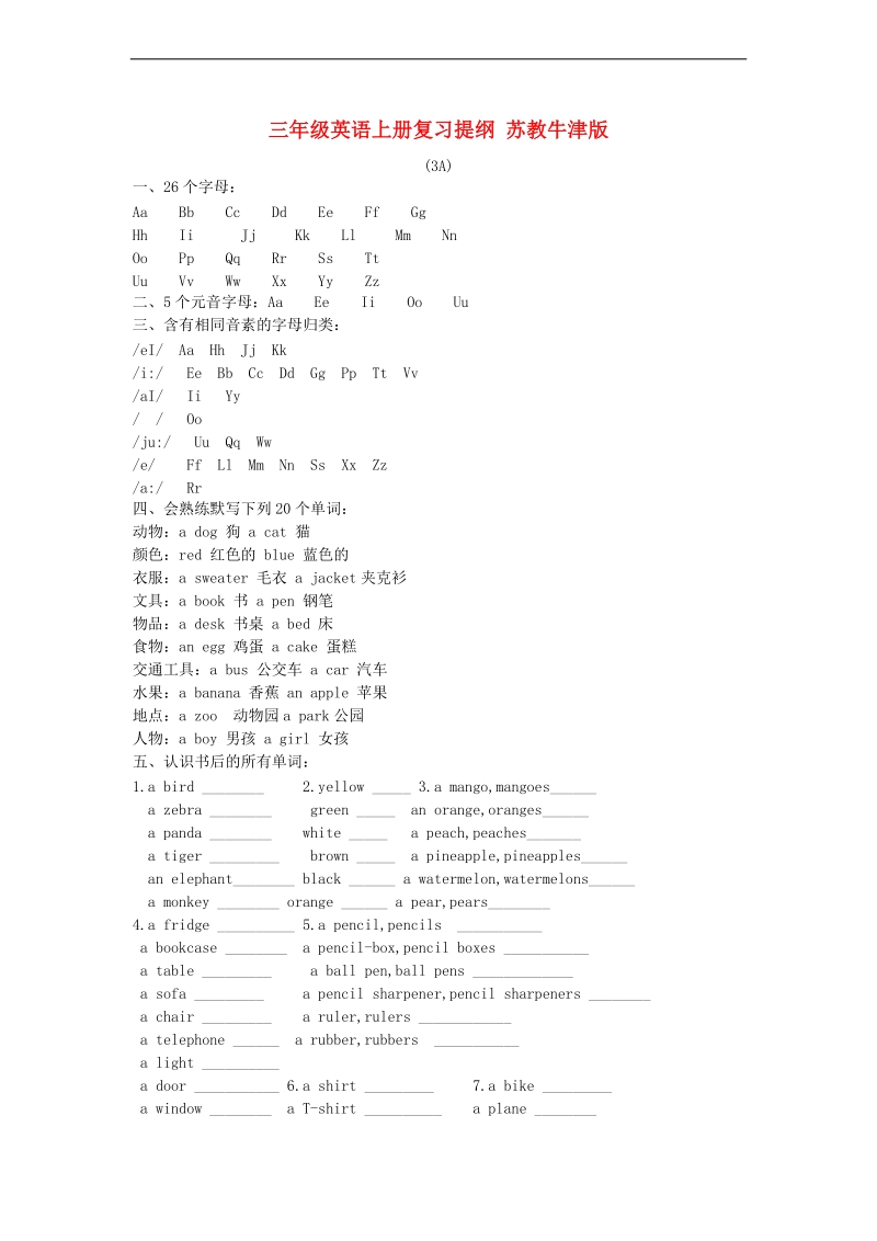 （苏教牛津版）三年级英语上册 复习提纲.doc_第1页