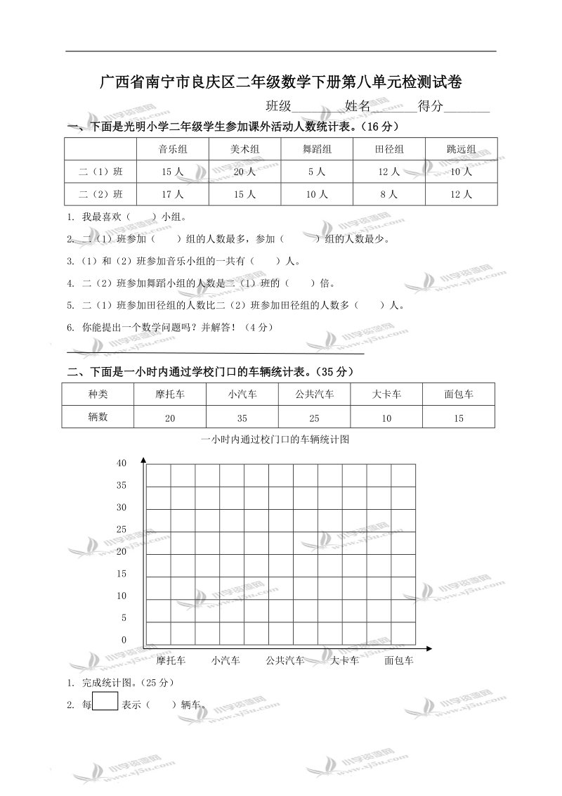 广西省南宁市良庆区二年级数学下册第八单元检测试卷.doc_第1页