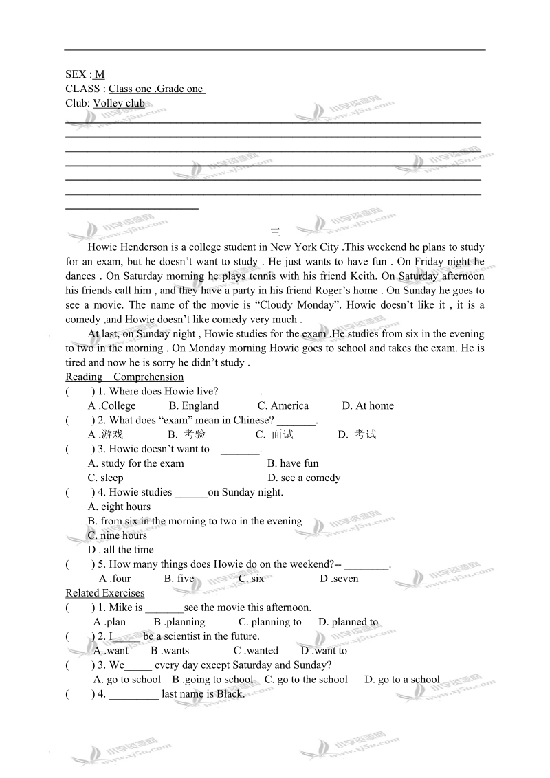 （苏教牛津版）六年级英语总复习资料阅读理解与写作专项练习1.doc_第3页