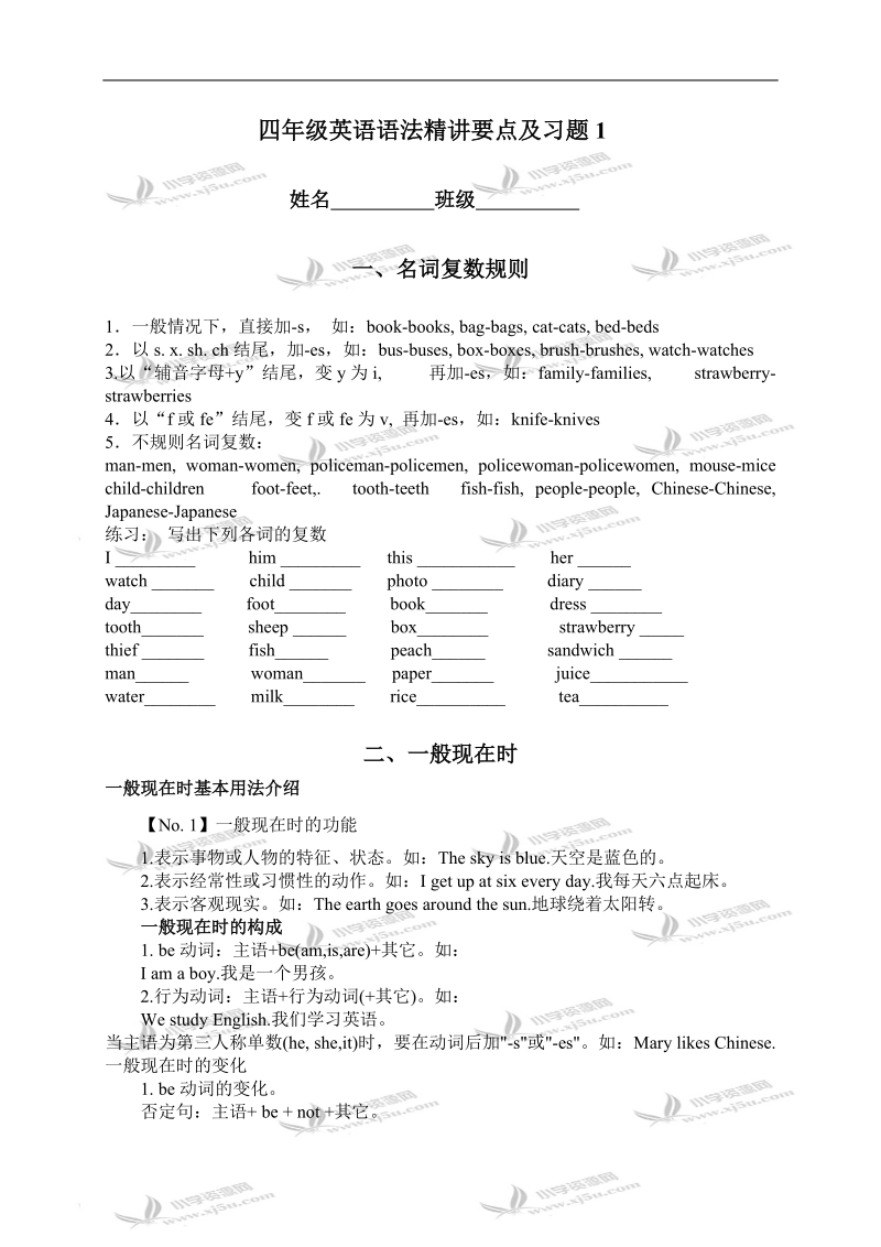 （人教pep）四年级英语语法精讲要点及习题1.doc_第1页