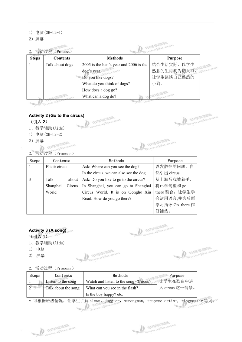 沪教版牛津英语2b教案 unit2 in the circus（1-3）.doc_第3页