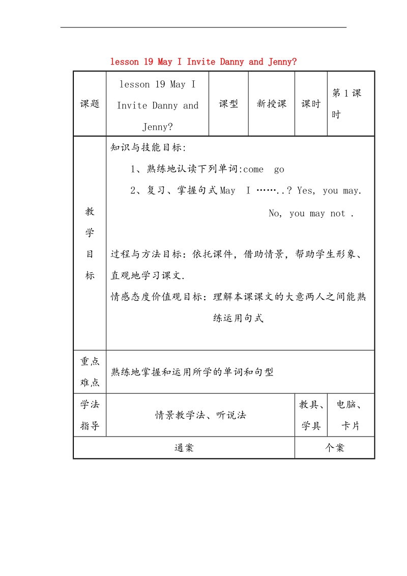 五年级英语上册 unit3 lesson 19 may i invite danny and jenny教案 冀教版（三起）.doc_第1页