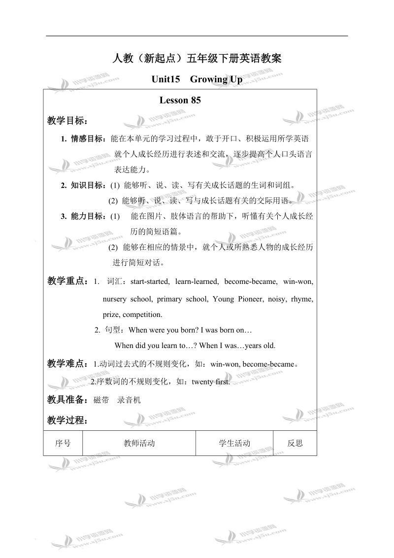 （人教新起点）五年级英语下册教案 unit15 lesson85-86.doc_第1页