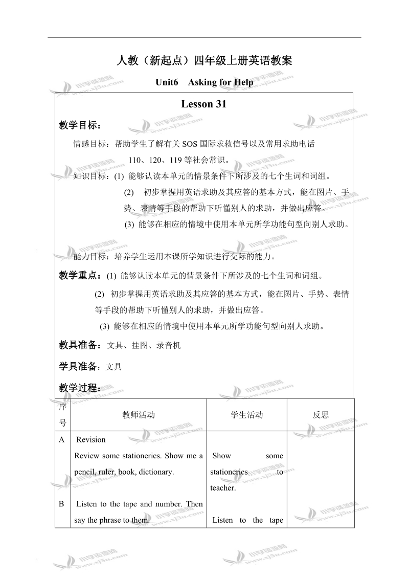 （人教新起点）四年级英语上册教案 unit6 lesson31-32.doc_第1页