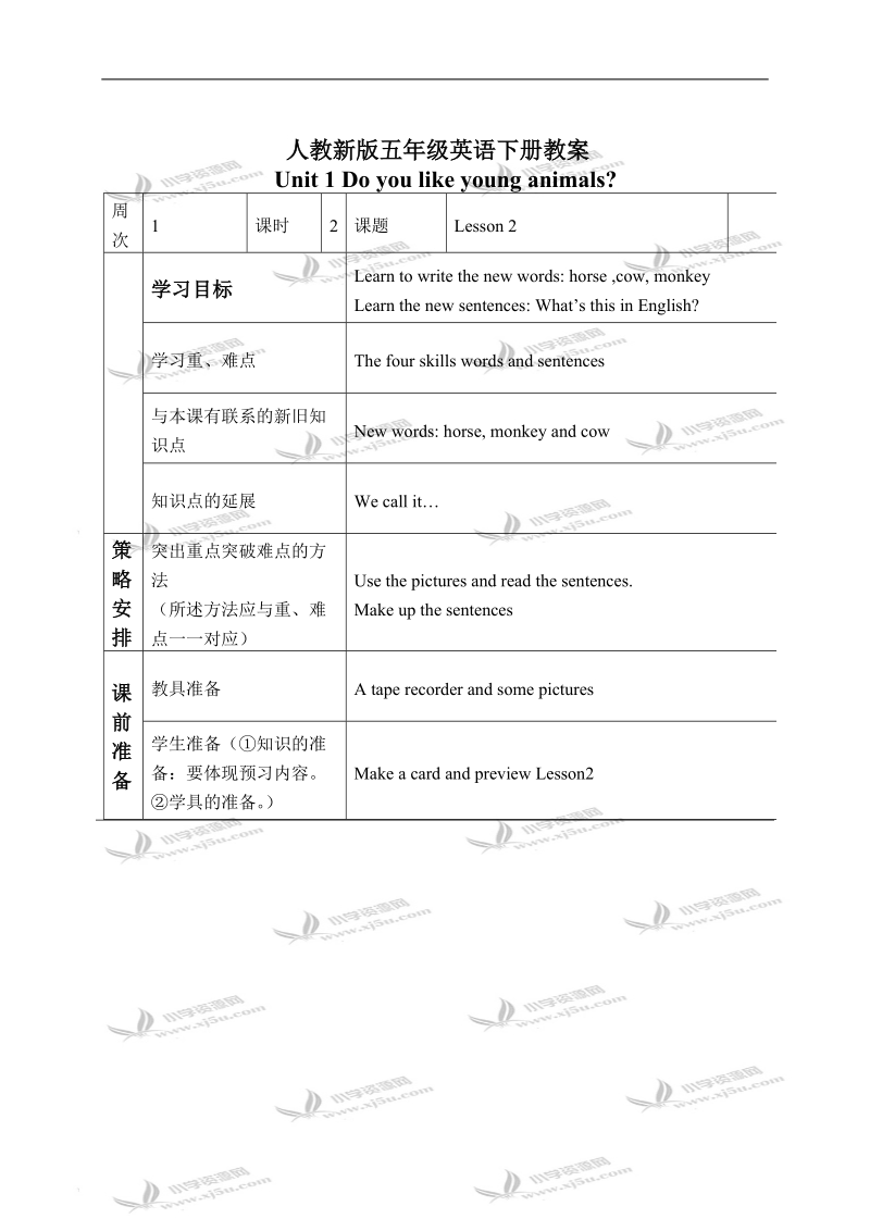 （人教新版）五年级英语下册教案 lesson 2(2).doc_第1页