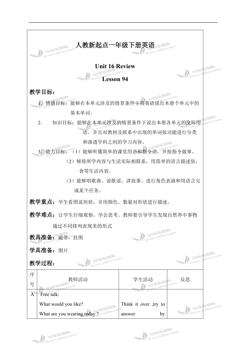 （人教新起点）一年级英语下册教案 unit 16 lesson 94-96.doc_第1页