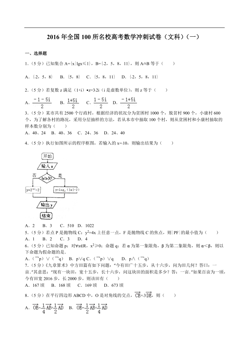 2016年全国100所名校高考数学冲刺试卷（文科）解析版（一）.doc_第1页