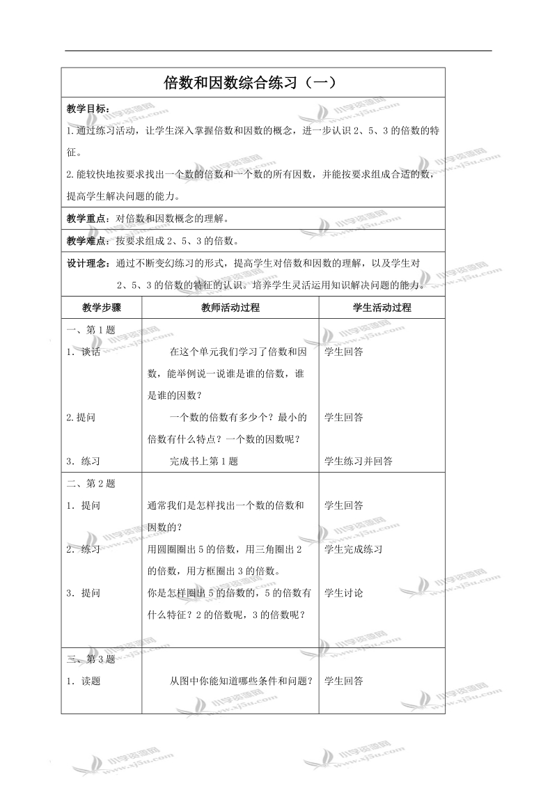 （苏教版）四年级数学下册教案 倍数和因数综合练习（一）.doc_第1页