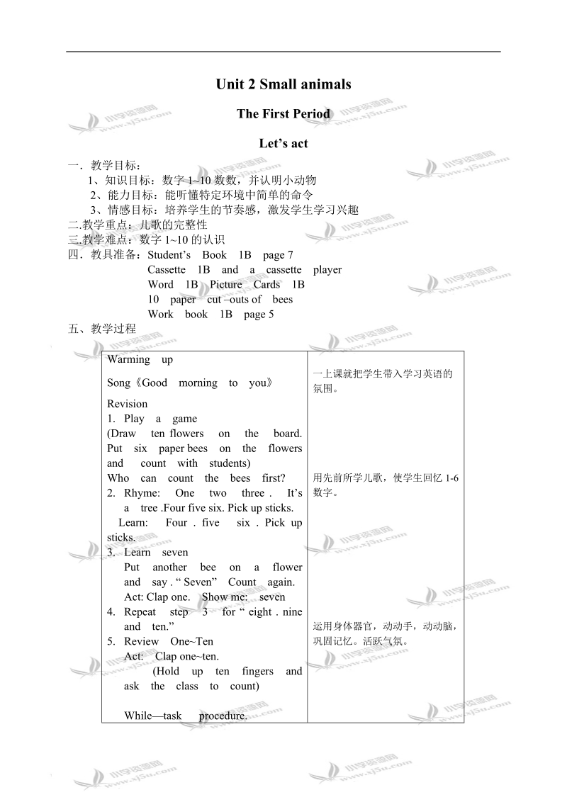 （沪教版）一年级英语教案 1b unit2 small animals.doc_第1页