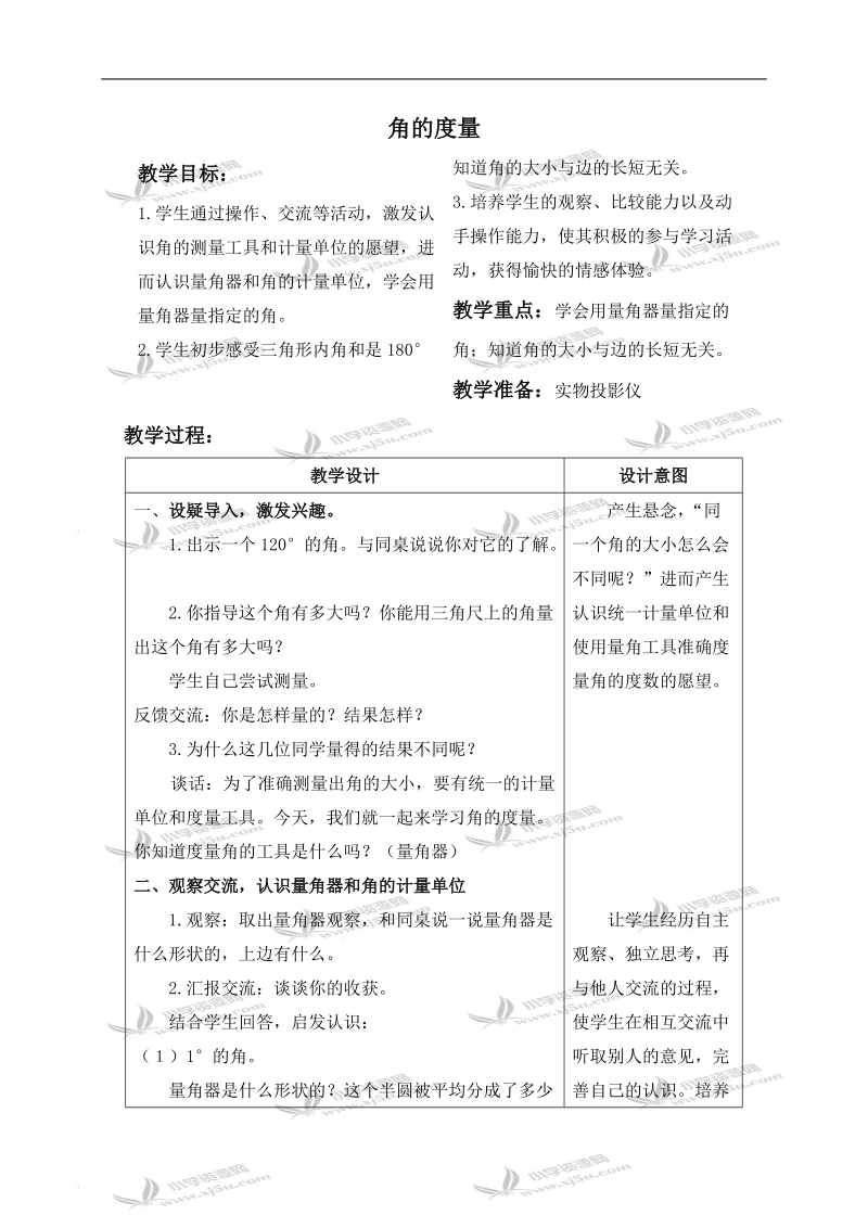 （苏教版）四年级数学上册教案 角的度量.doc_第1页