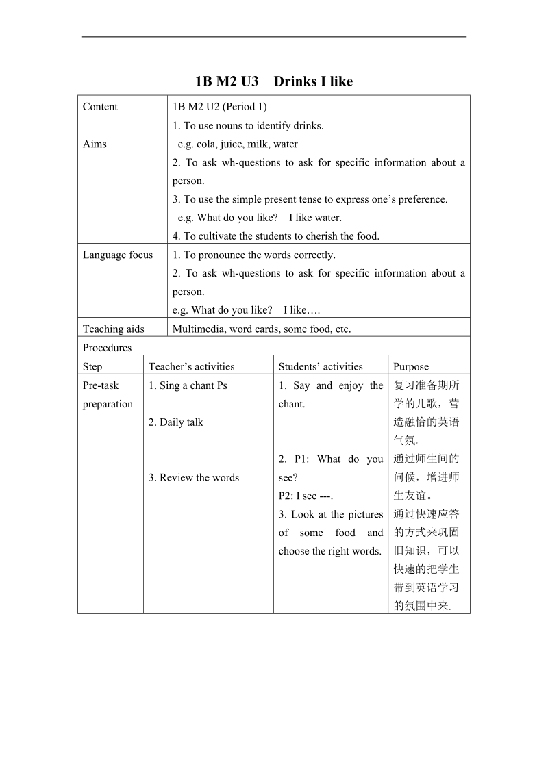 （沪教牛津）一年级英语下册教案 unit6 drinks i like period1.doc_第1页