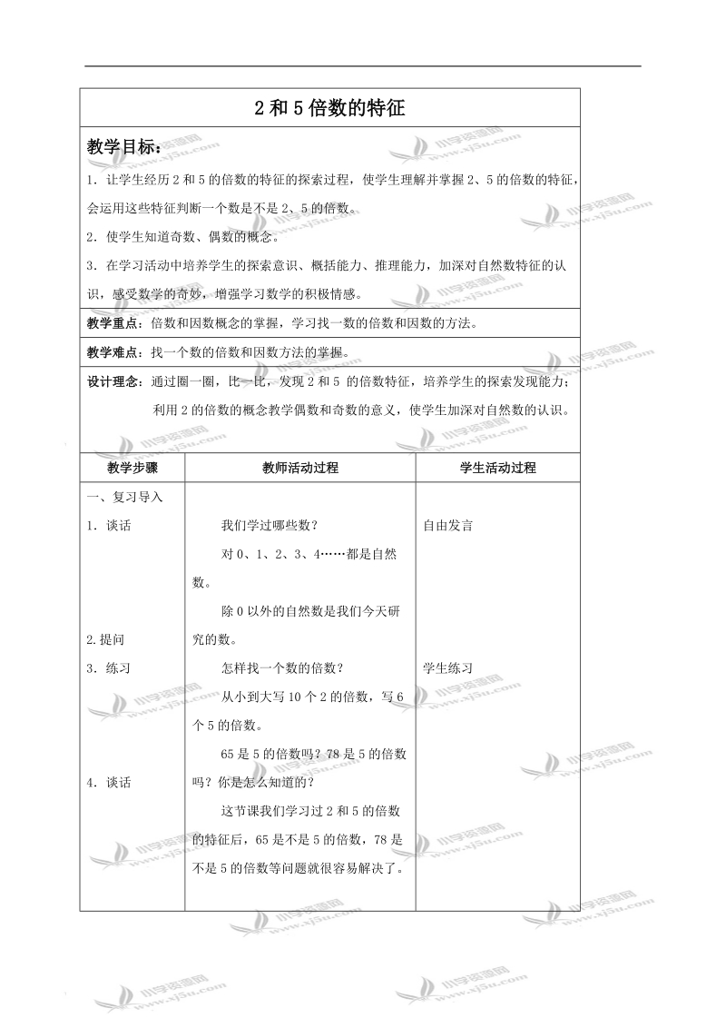 （苏教版）四年级数学下册教案 2和5倍数的特征1.doc_第1页