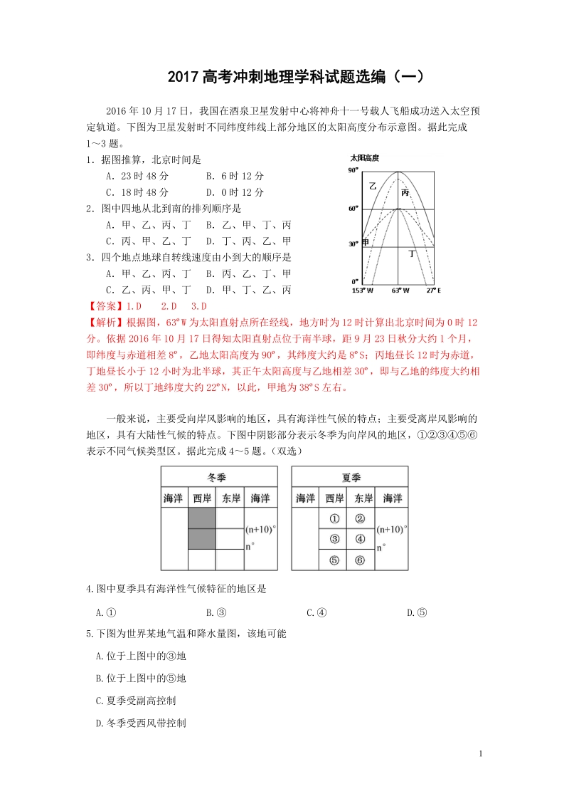 2017年江苏省高考冲刺试题选编（一）地理试题 解析版.doc_第1页