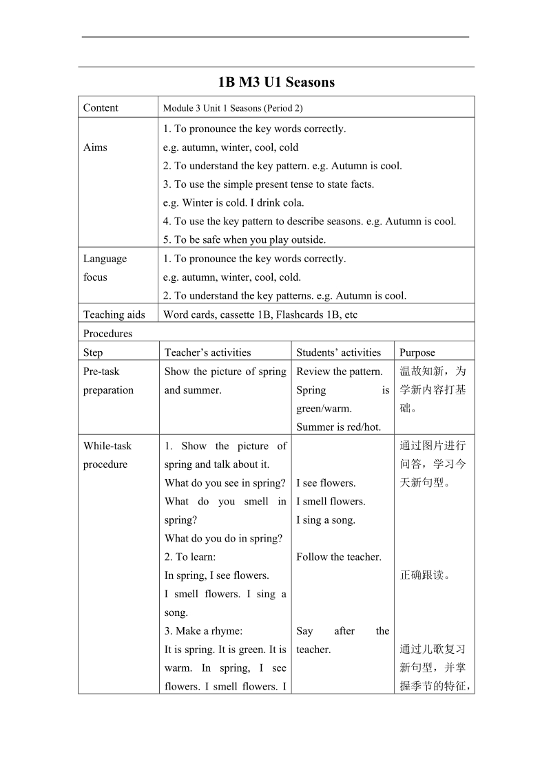 （沪教牛津）一年级英语下册教案 unit7 seasons period2.doc_第1页