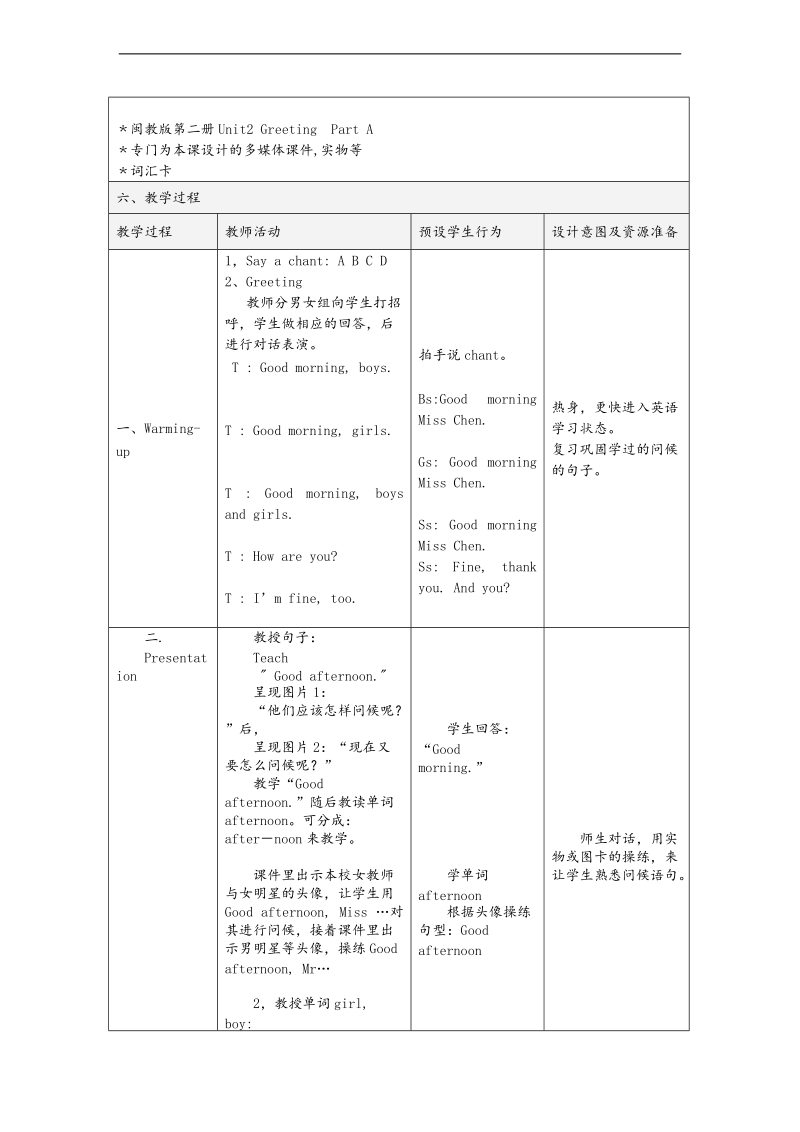 （闽教版）三年级英语上册教案 unit2 greeting  part b.doc_第2页