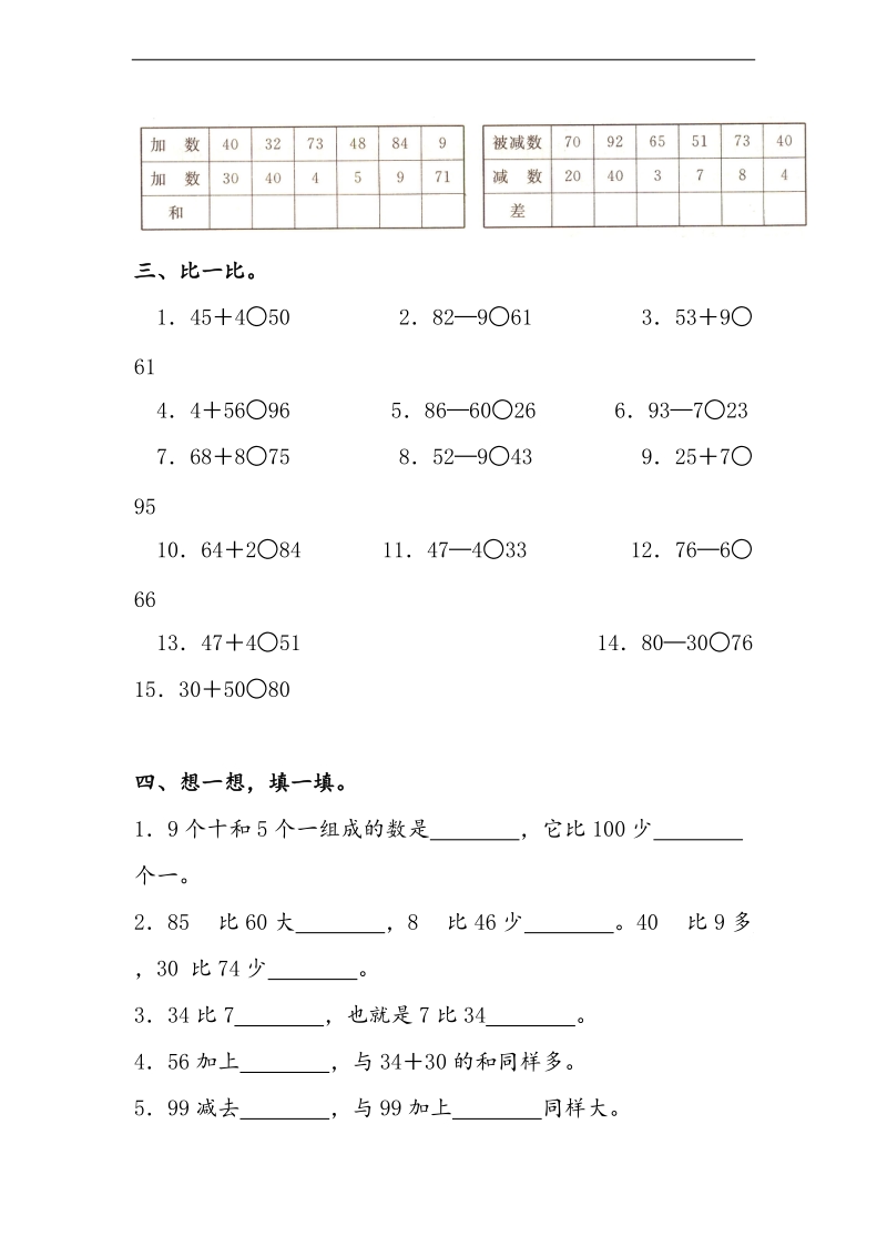 （人教新课标）一年级下册数学 （100以内加法和减法）测试及答案.doc_第2页