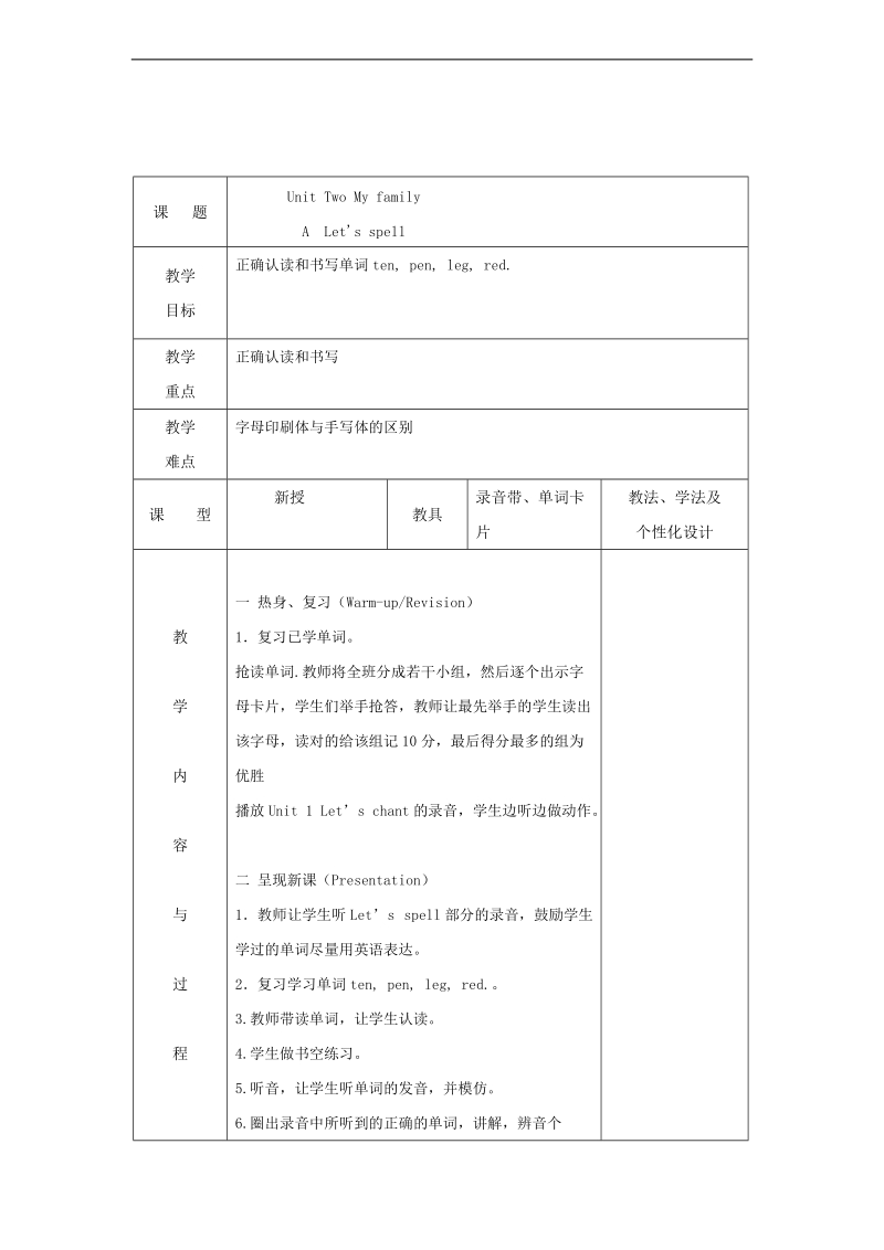 （人教pep）三年级英语下册教案 unit 2 my family 13.doc_第1页