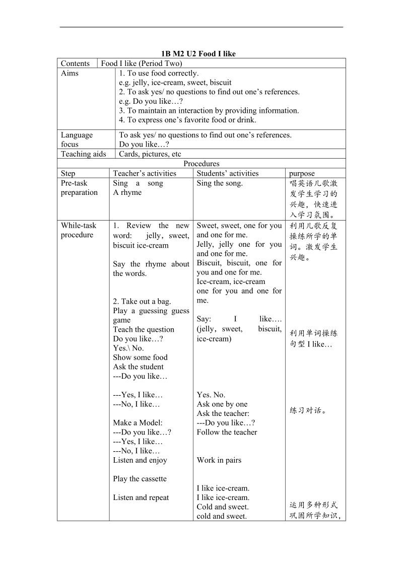 （沪教牛津）一年级英语下册教案 unit5 food i like period2.doc_第1页