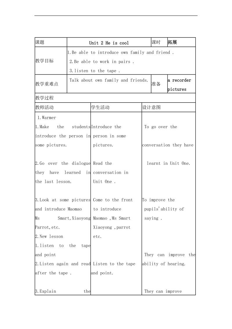 （外研版 三起）四年级英语下册 m1 unit 2 he is cool 教案.doc_第1页