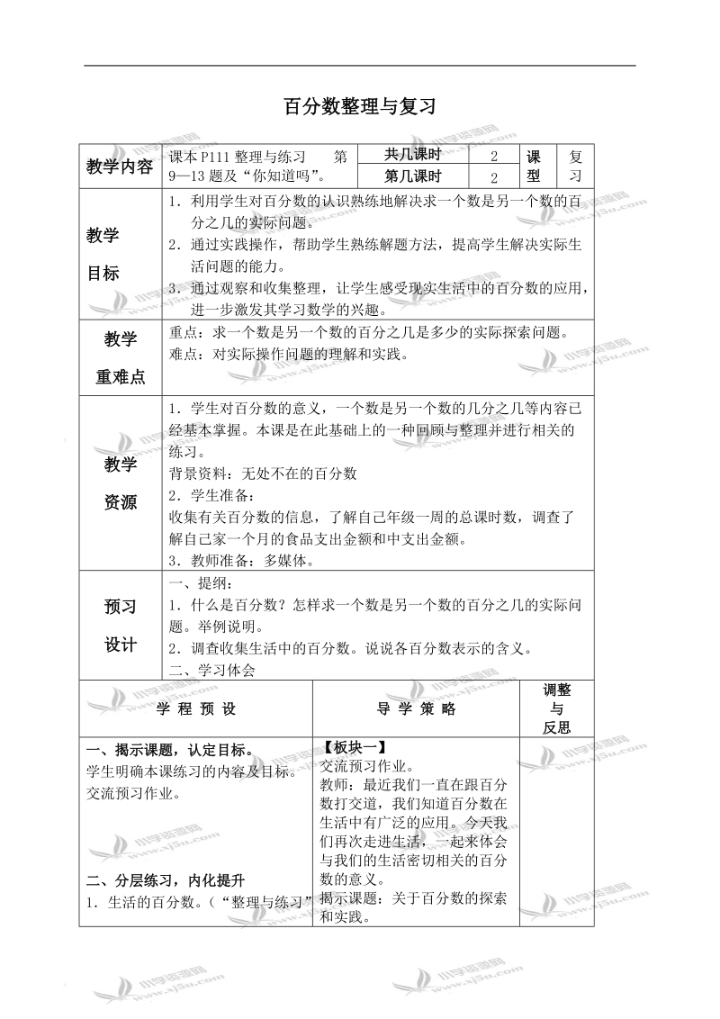 （苏教版）六年级数学上册教案 百分数整理与复习.doc_第1页