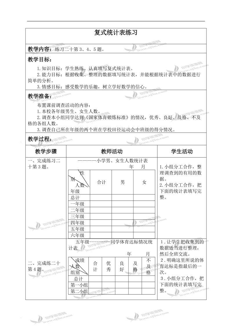 （苏教版）五年级数学上册教案 复式统计表练习.doc_第1页