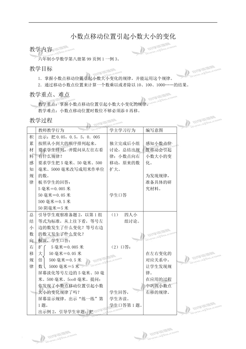 （浙教版）四年级数学教案 小数点移动位置引起小数大小的变化.doc_第1页