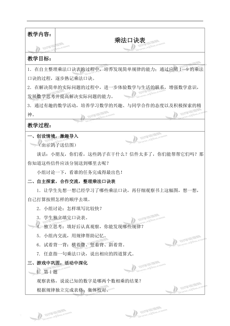 （苏教版）二年级数学上册教案 乘法口诀表.doc_第1页