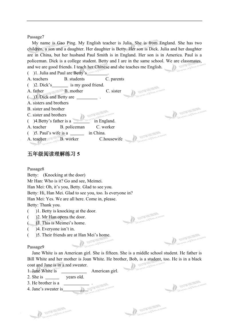 （闽教版）五年级英语上册期末复习阅读理解练习 1.doc_第3页