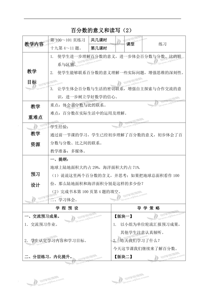 （苏教版）六年级数学上册教案 百分数的意义和读写（2）.doc_第1页